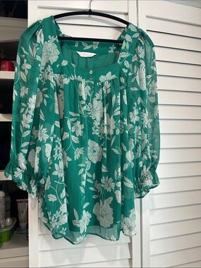 LC Lauren Conrad Teal Green Floral Sheer Blouse